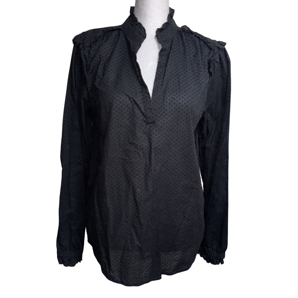 J.Crew Blouse Small Black Swiss Dot Ruffle Neck Long Sleeve Cotton Popover Top